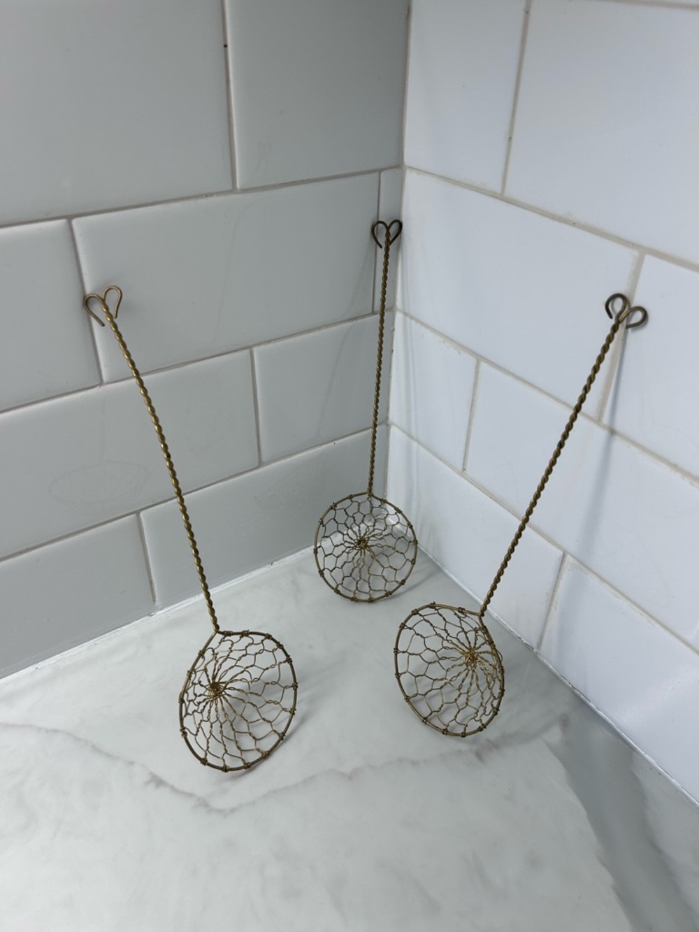 Vintage Small Brass Wire Spider Skimmer, Handmade Woven Kitchen Strainer